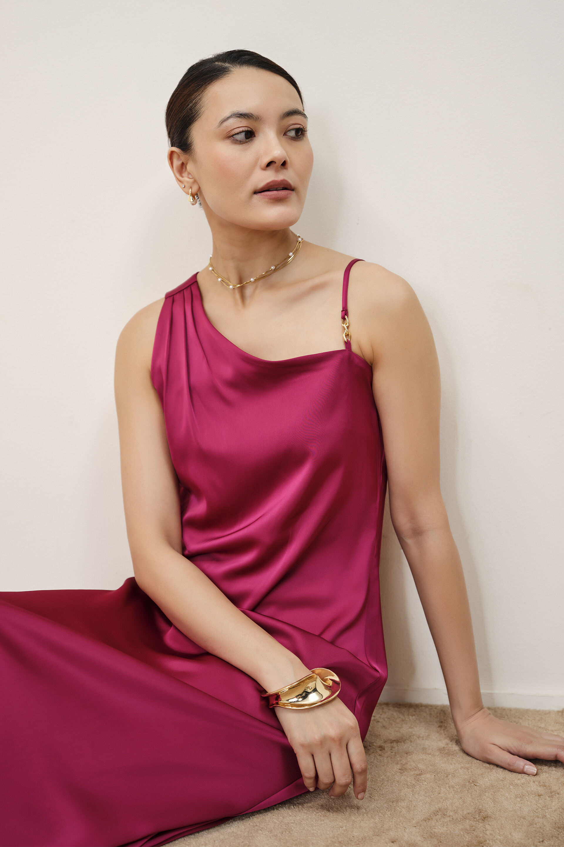 Wine One-Shoulder Satin Dress, Wine, image 2